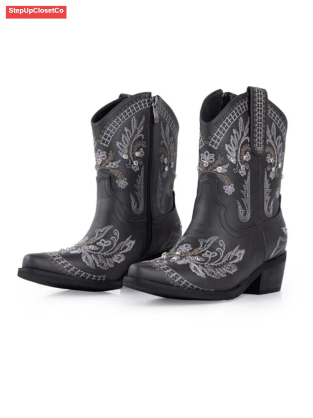 Rhinestone Embroidered Ankle Cowboy Boots Low Chunky Heel Western Booties
